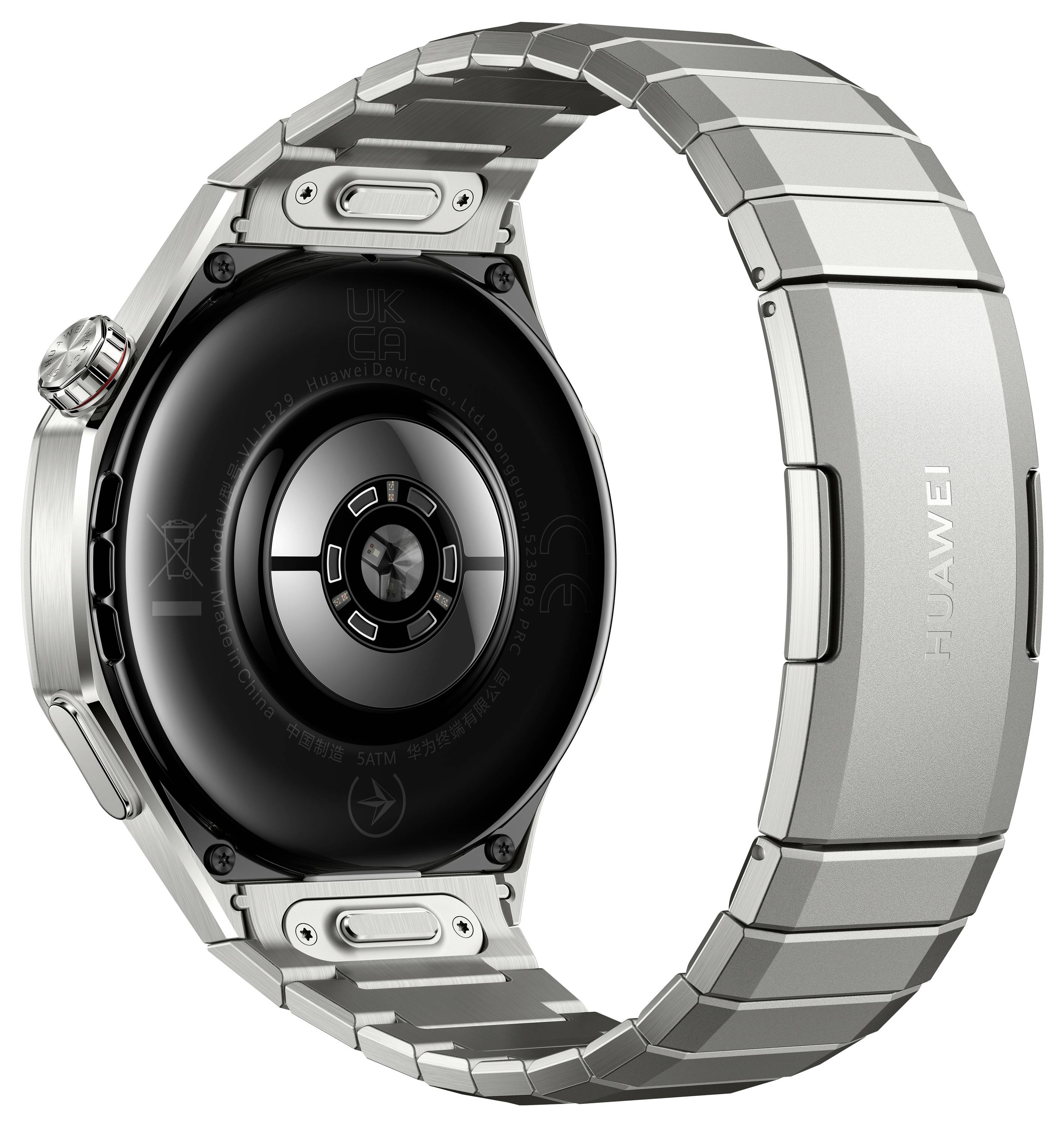 Montre connectée argentée vue de côté, montrant le boîtier et le bracelet métallique, design minimaliste et moderne.