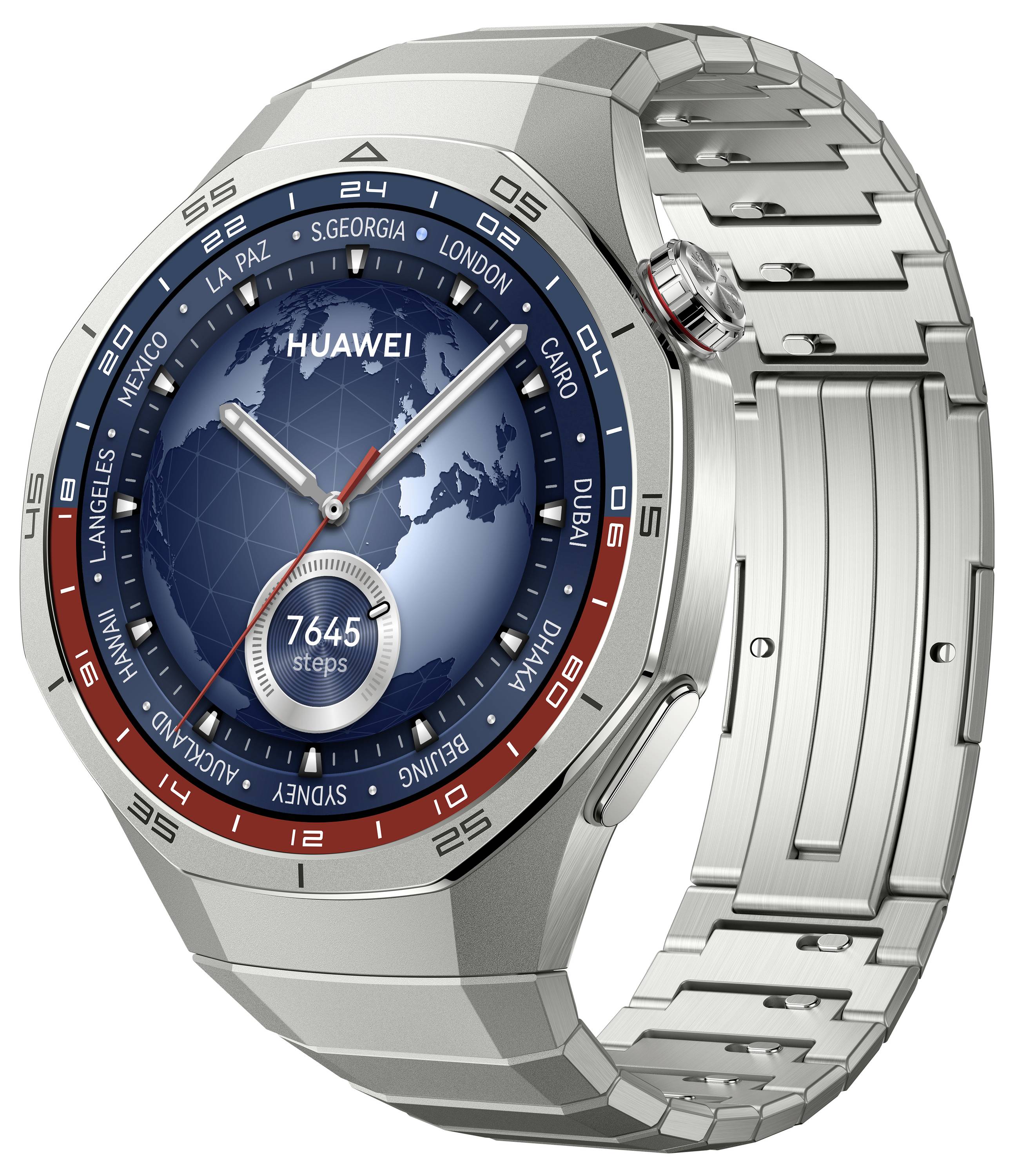 Montre connectée argentée avec une carte du monde sur le cadran. Affiche 7645 pas. Liste de villes sur la lunette. Bracelet métallique élégant.