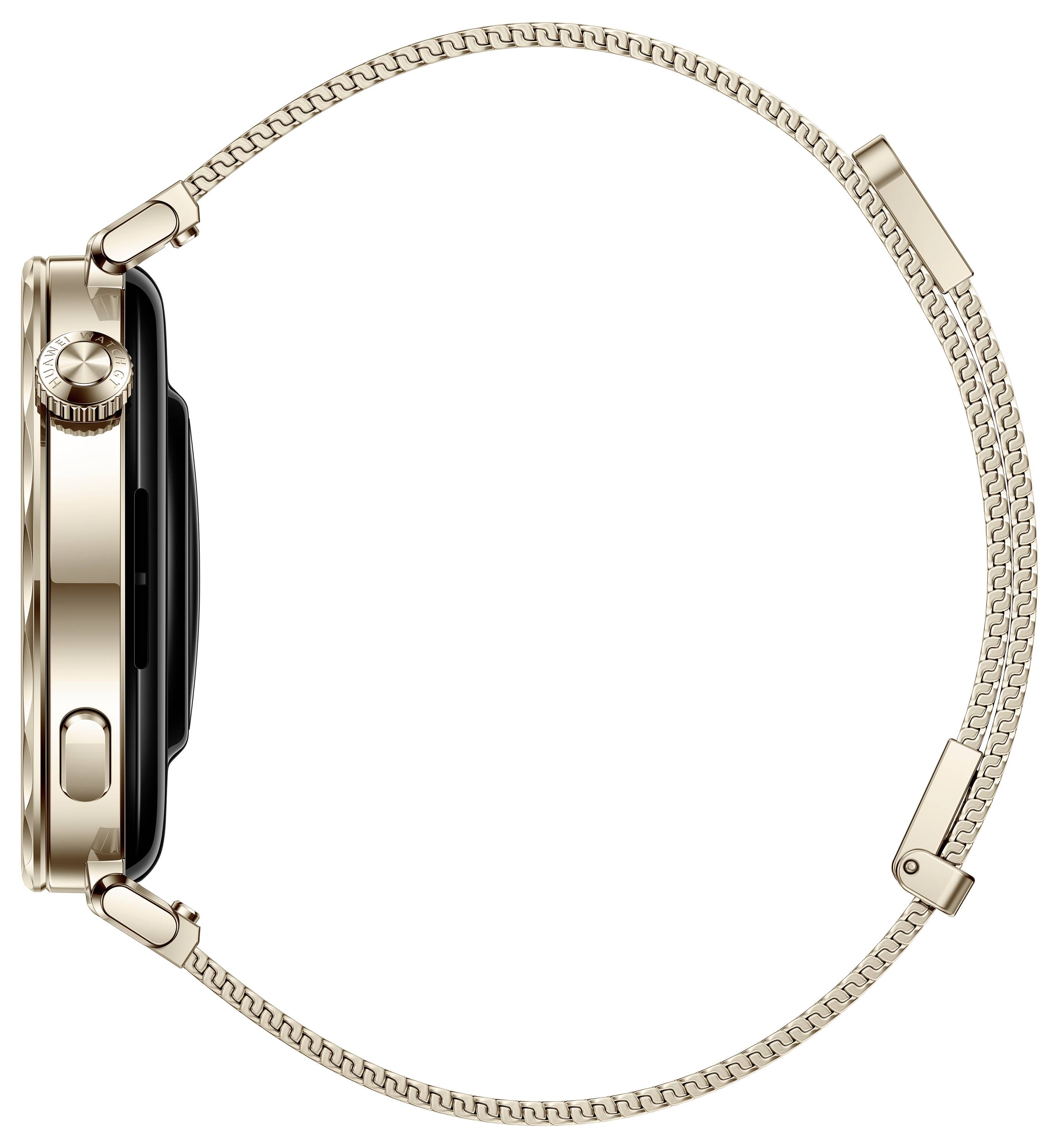 Montre connectée avec boîtier couleur or et bracelet en maille métallique tressée, vue de côté.