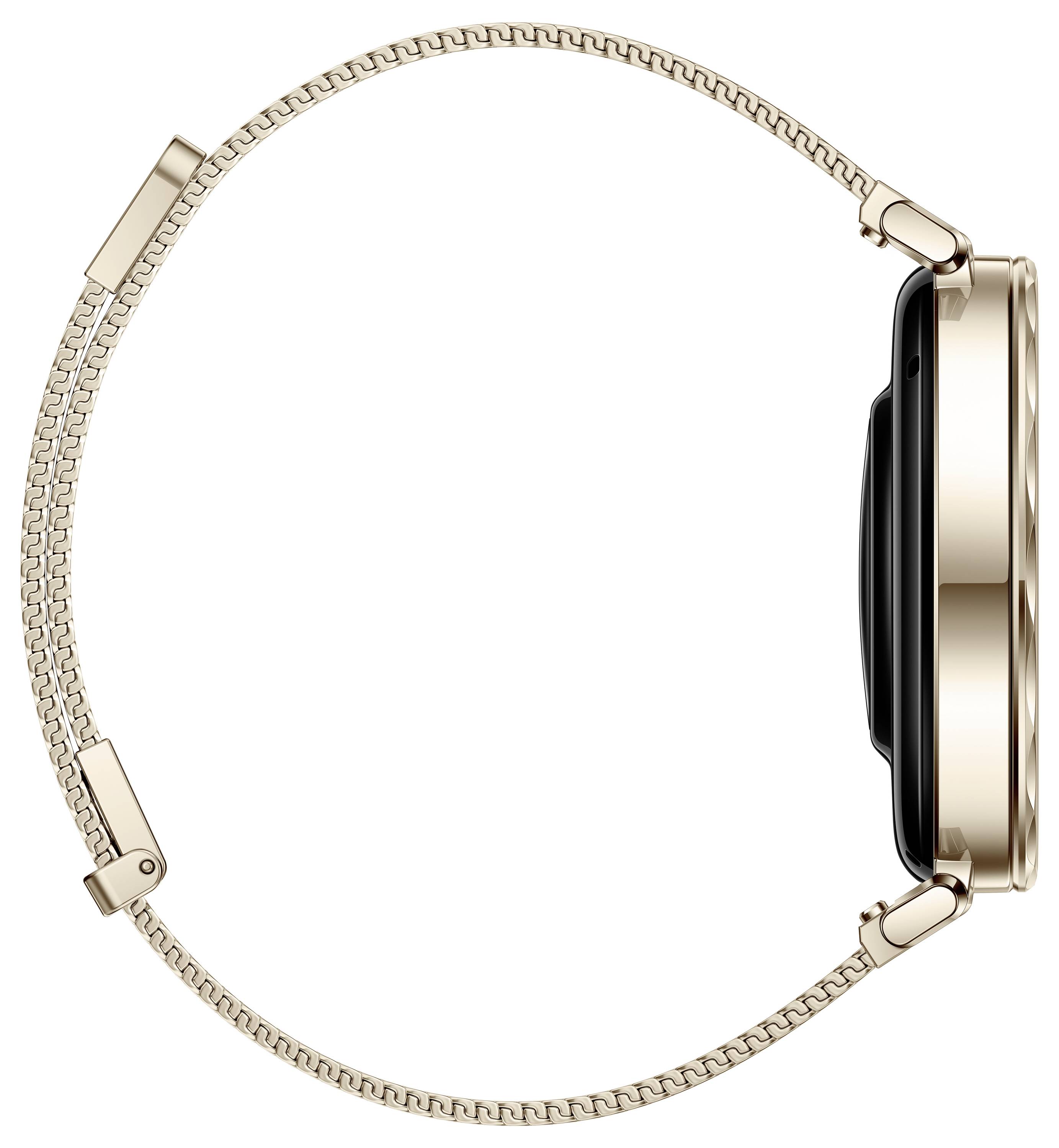 Une montre connectée dorée avec un bracelet fin en métal tressé, vue de côté.