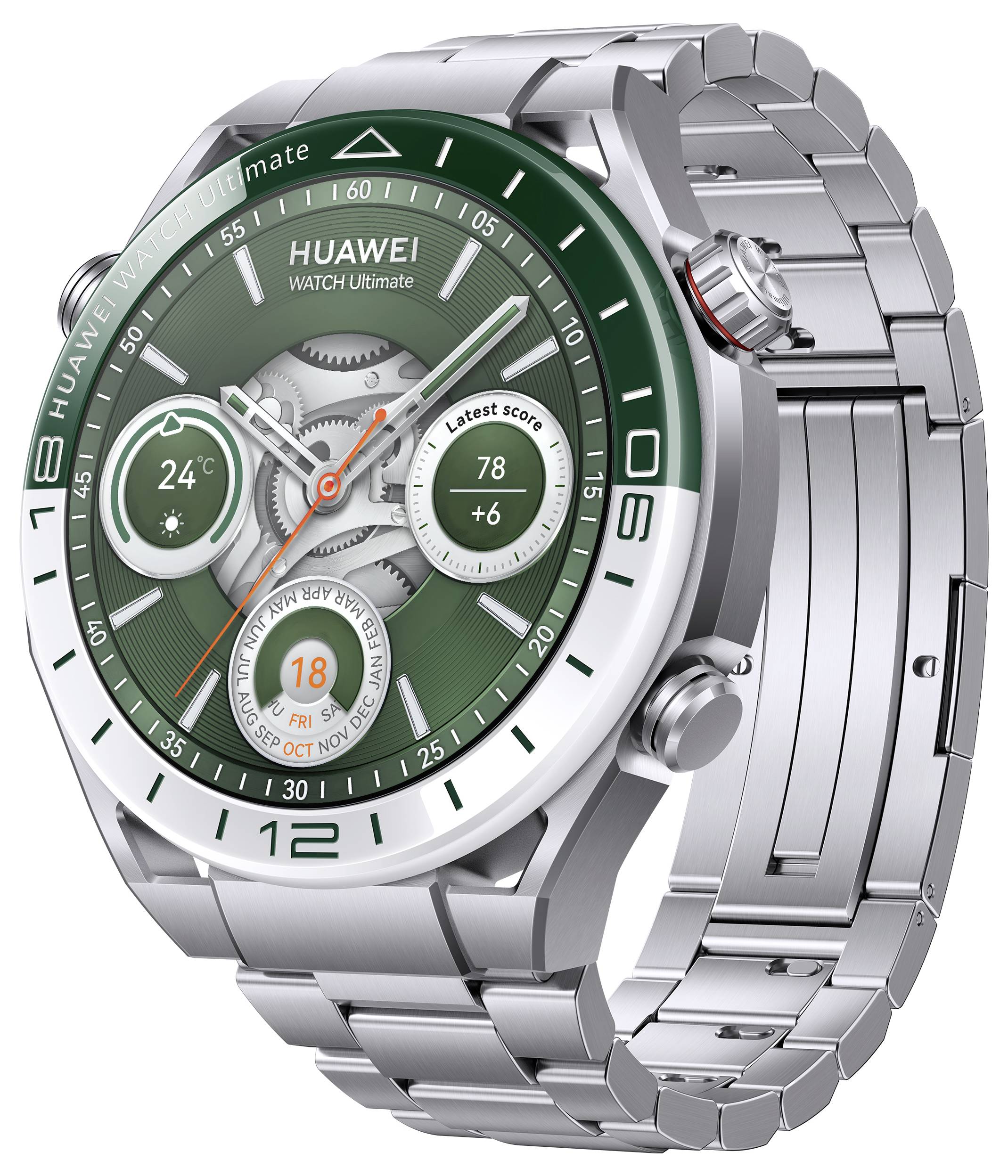 Montre-bracelet luxueuse en argent avec cadran vert, affichant la date, la température, les données de fitness et l'indication de la boussole.