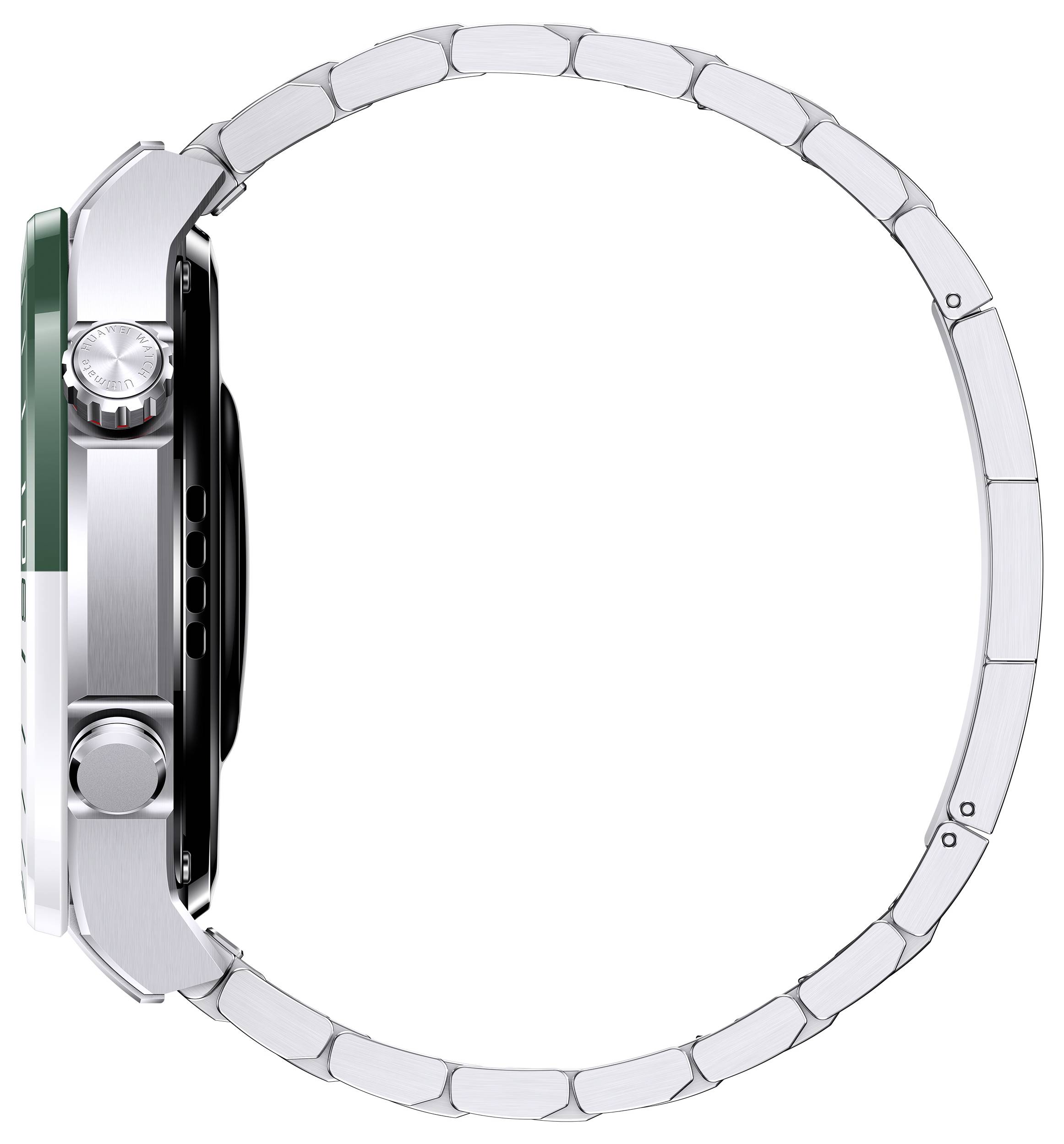 Montre connectée en vue latérale avec un bracelet à maillons argentés et deux boutons. La montre a un boîtier rond.