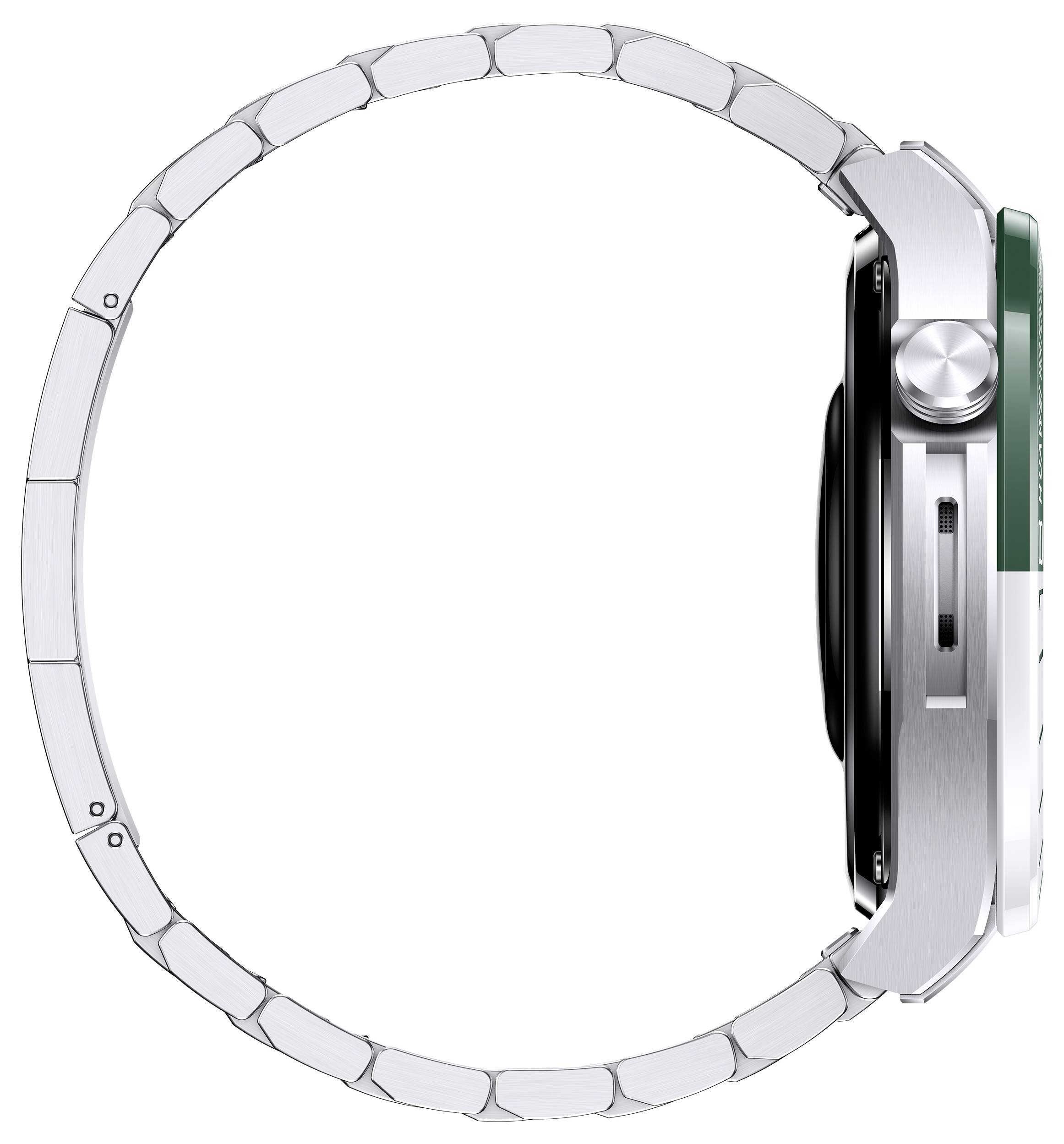 Montre-bracelet en argent vue de côté, mettant en valeur son boîtier massif et son bracelet articulé. Bouton droit et lunette soulignée de vert visibles.