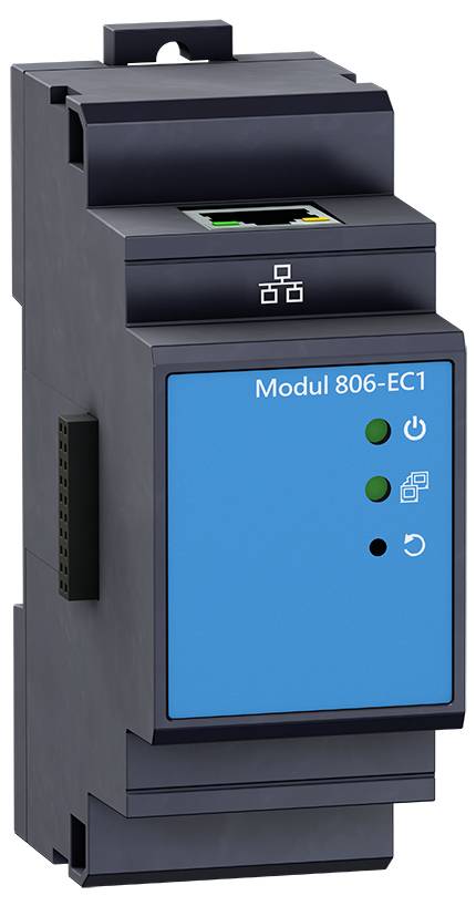 Module électronique avec façade bleue, portant l'inscription 'Module 806-EC1', et plusieurs voyants de contrôle colorés sur la face avant.