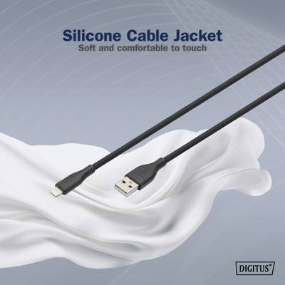 L'image montre un câble USB sur un tissu blanc portant l'inscription « Câble à gaine en silicone - Doux et agréable au toucher ».