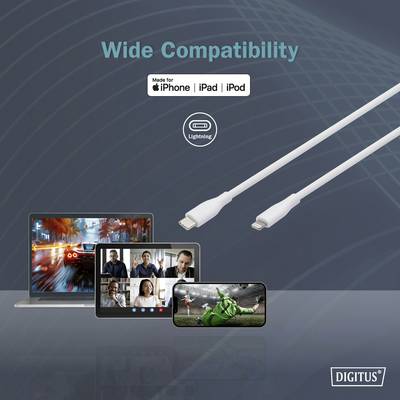 Un câble Lightning compatible avec les appareils Apple tels que l'iPhone, l'iPad, l'iPod. Des ordinateurs portables et des tablettes en utilisation sont représentés. Marque : Digitus.