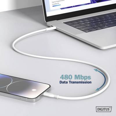 Un smartphone est connecté à un ordinateur portable à l'aide d'un câble. Le texte '480 Mbps Data Transmission' met en évidence la rapidité de la transmission des données.