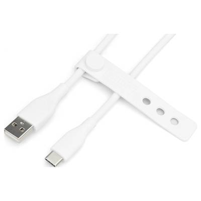 Un câble USB blanc avec une fiche USB-A et une fiche USB-C, maintenu ensemble par une attache de câble blanche.