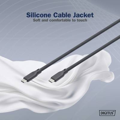 Deux câbles USB-C sur un tissu ondulé blanc, portant l'inscription : Gaine de câble en silicone, douce et agréable au toucher.