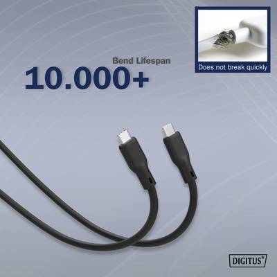 Câble USB-C à haute flexibilité, marqué '10 000+ pliages' et 'Ne casse pas facilement', sur un fond gris.