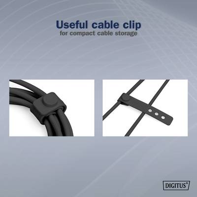 Clip de câble pratique pour un rangement compact des câbles. Deux images montrent des clips noirs utilisés pour organiser les câbles.