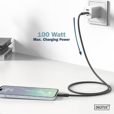 Un smartphone est posé sur une table, connecté à un câble de charge branché à un chargeur. Texte : « Puissance de charge maximale 100 watts »