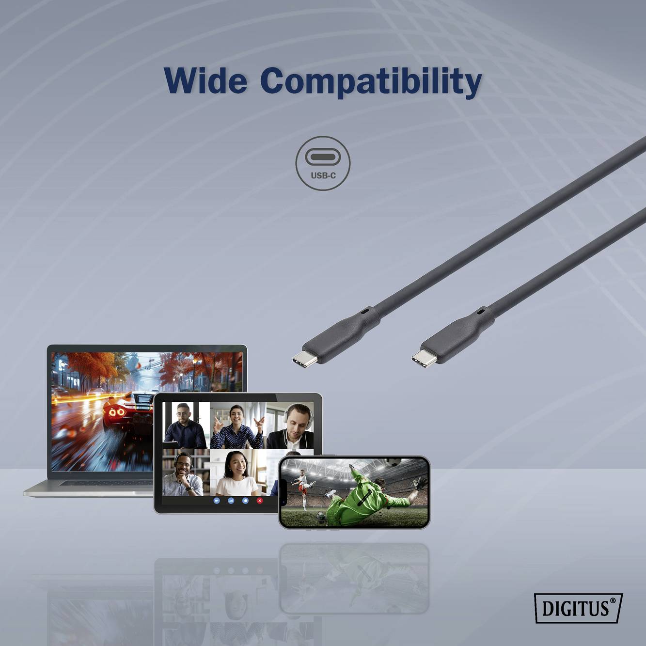 Un câble USB-C est représenté à côté d'un ordinateur portable, d'une tablette et d'un smartphone participant à un appel vidéo et jouant à des jeux.