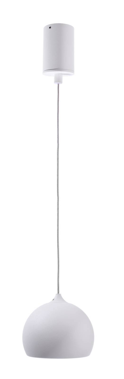 Un luminaire suspendu simple en blanc avec un abat-jour rond et un câble ajustable, adapté aux intérieurs modernes.