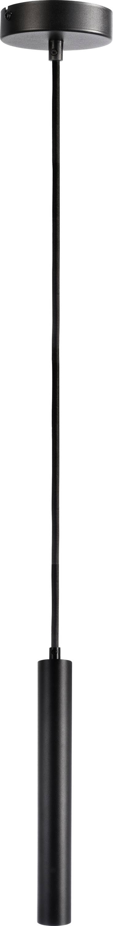 Suspension avec boîtier cylindrique étroit et noir. Design minimaliste, idéal pour les intérieurs modernes.