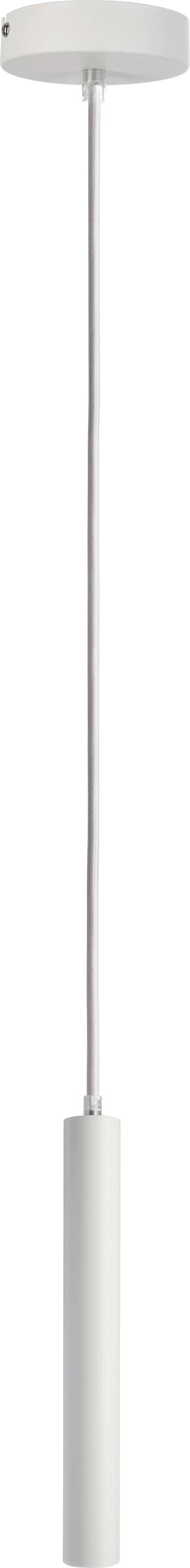 Suspension blanche avec abat-jour cylindrique et câble fin et long ; design moderne et minimaliste.