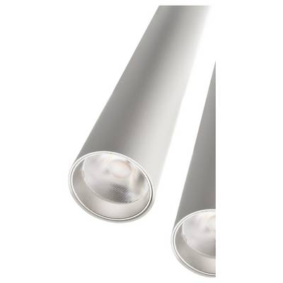 Deux luminaires LED cylindriques en argent, au design moderne, disposés côte à côte, diffusent une lumière douce et chaleureuse.
