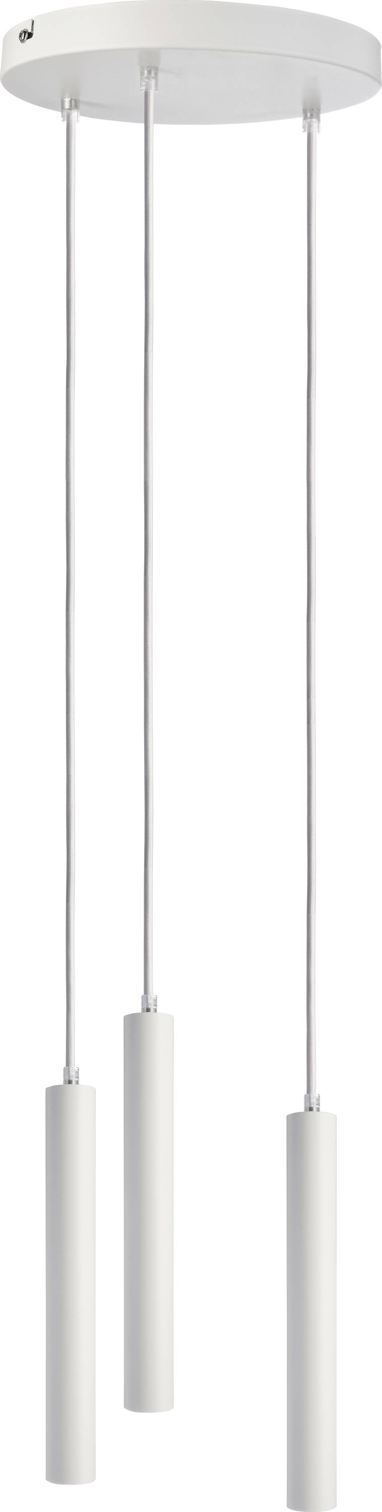 Lampe suspendue moderne blanche composée de trois luminaires cylindriques suspendus par des câbles fins à partir d'un support de plafond rond.