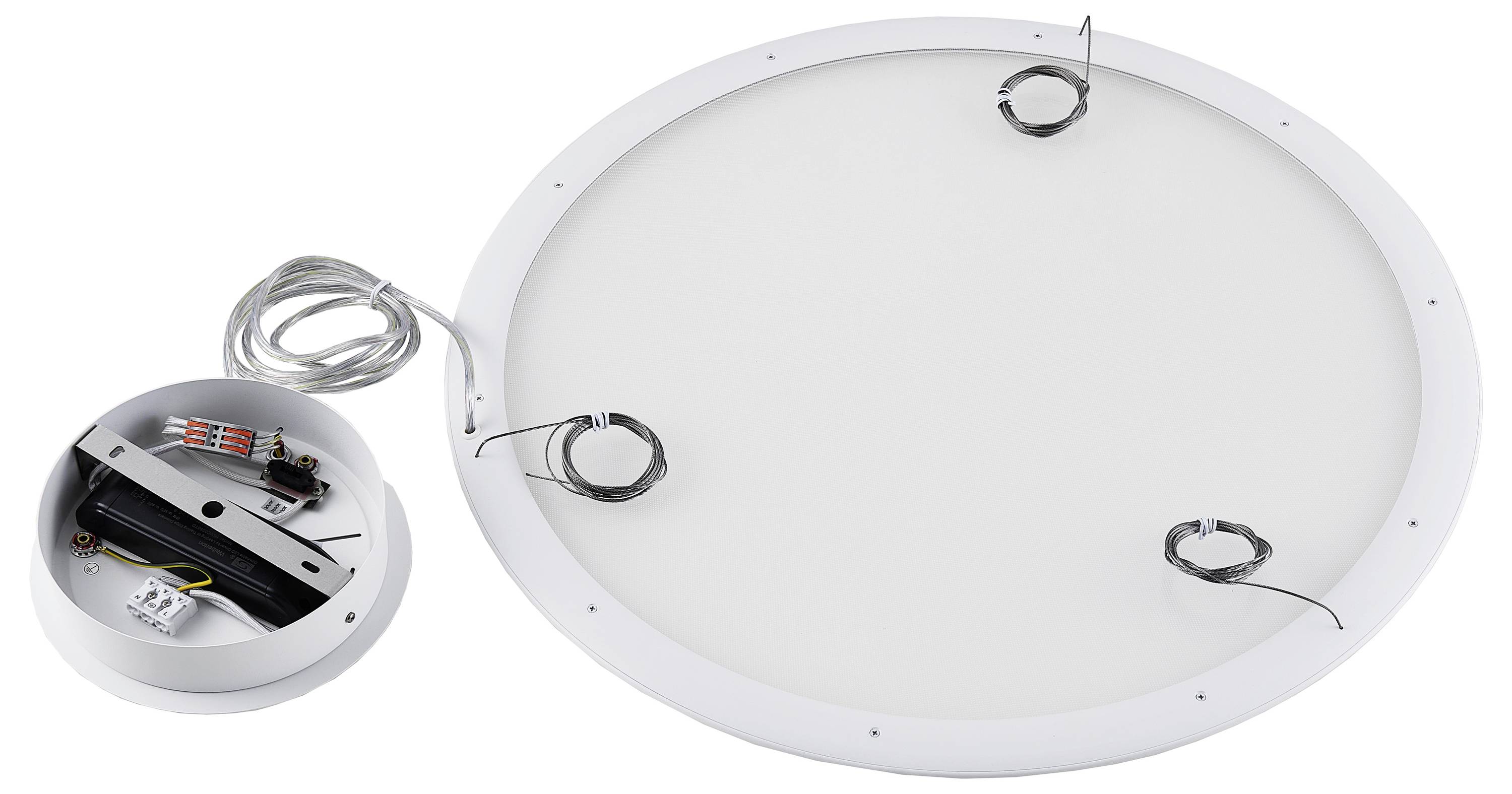 Plafonnier LED rond avec son cadre de recouvrement déposé, révélant le câblage interne et le compartiment de batterie.