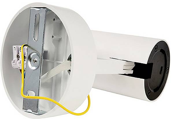Moitié de boîtier cylindrique blanc d'un appareil électrique avec des câbles et un support métallique, probablement partie d'un kit de montage.