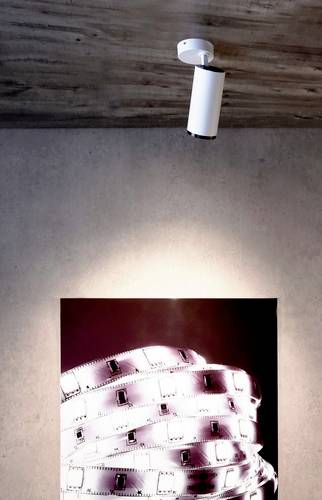 Sur une section de mur en béton est accroché une photographie bien éclairée avec un motif de bobines de film, au-dessus de laquelle est suspendue une lampe de plafond moderne.