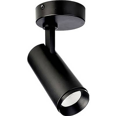 Projecteur cylindrique noir au plafond avec tête mobile permettant de diriger la lumière dans différentes directions.