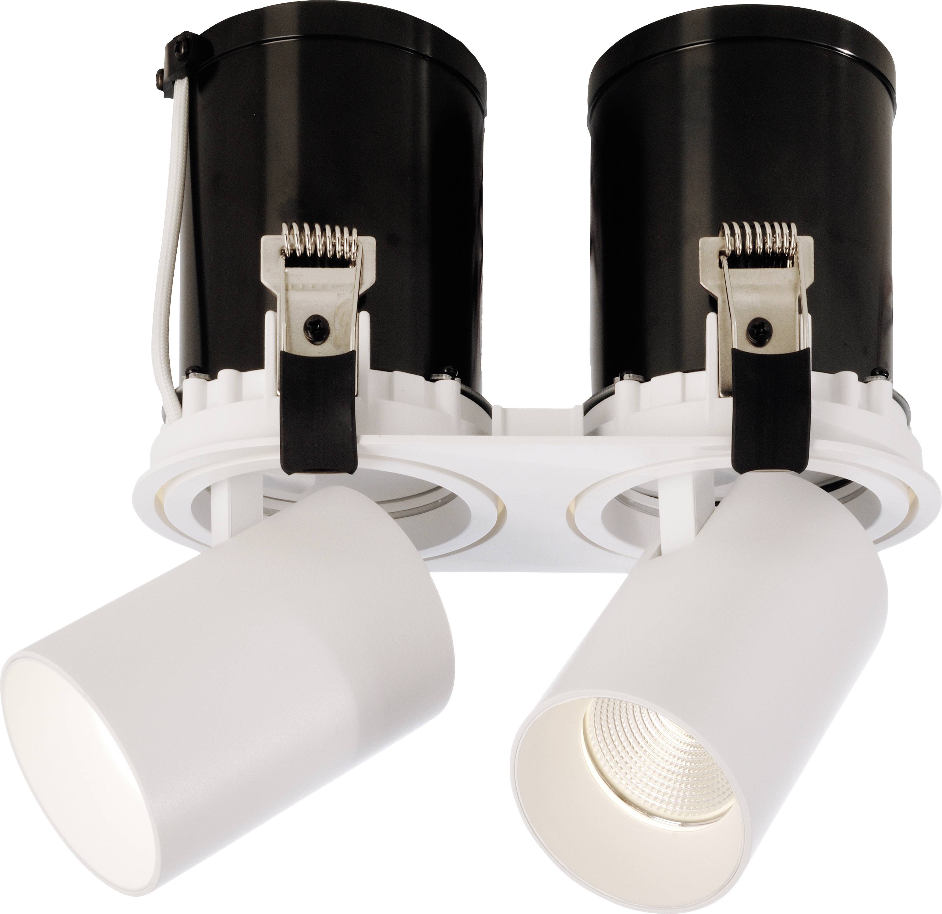 Deux projecteurs blancs en saillie dans un système de fixation métallique, partiellement éclairés, avec des boîtiers cylindriques noirs.