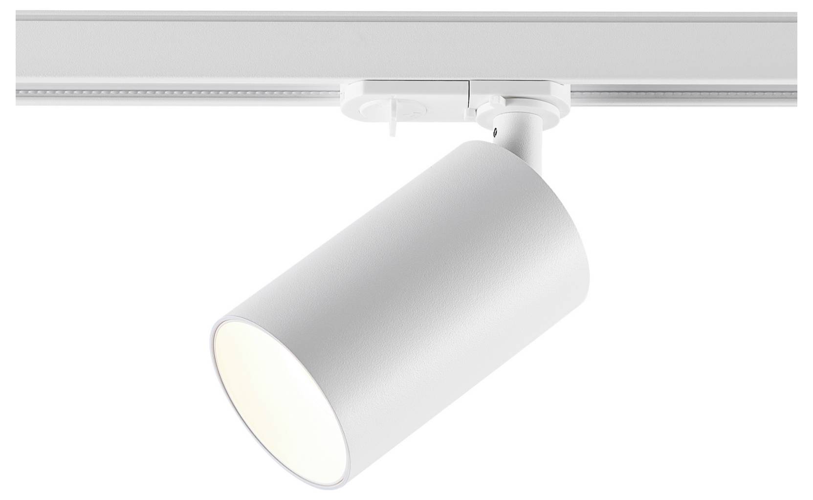 Spot cylindrique blanc sur rail de plafond, orienté vers le bas et éclairé sur un fond blanc uni.