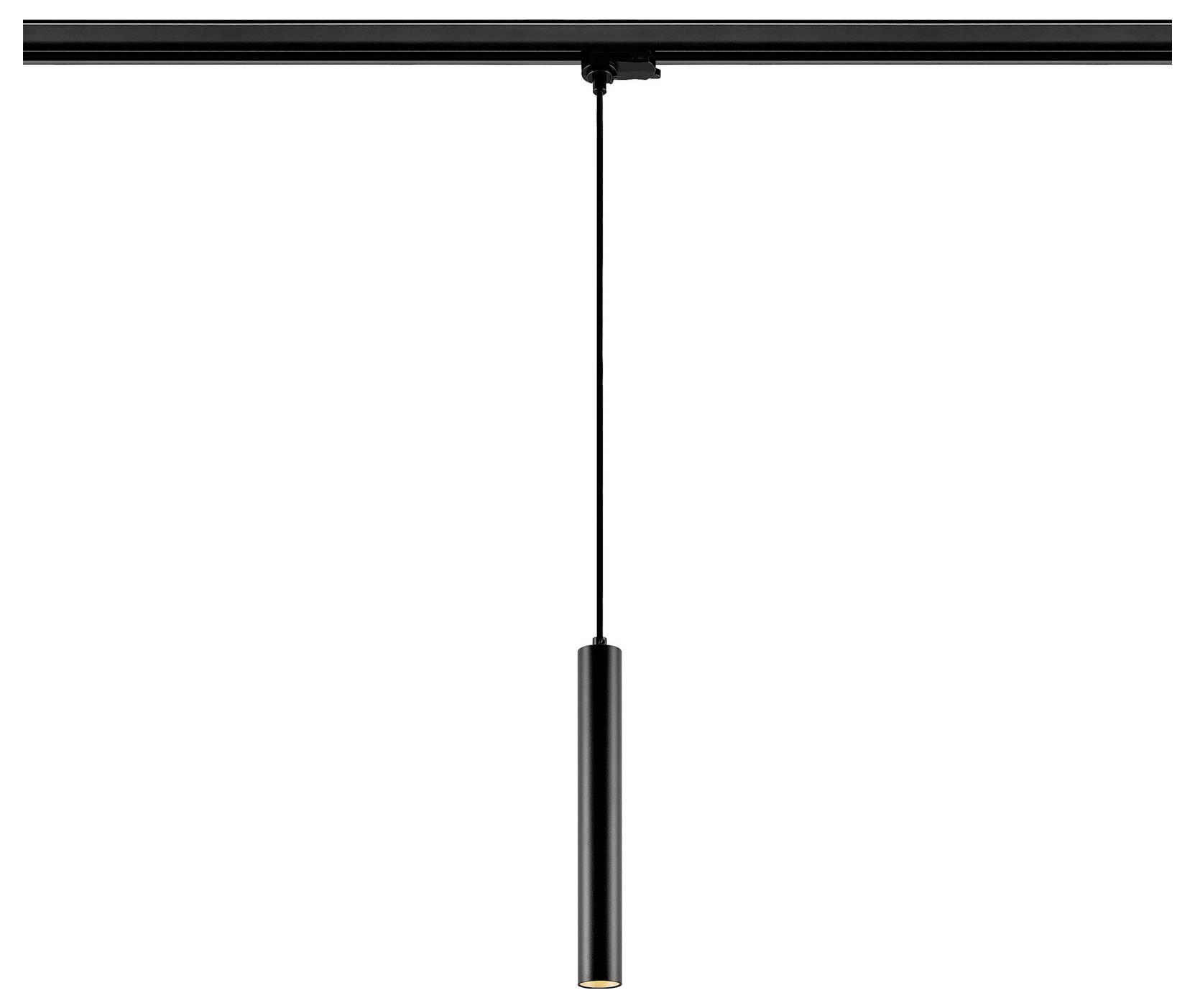 Suspension cylindrique noire accrochée à un rail de plafond sur fond blanc.