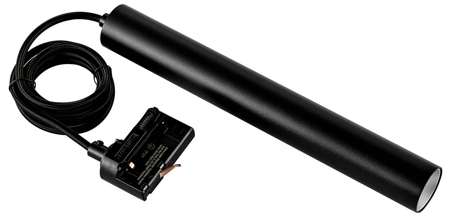 Lampe LED cylindrique noire avec connecteur d'alimentation filaire et module de commande fixés, sur fond blanc.