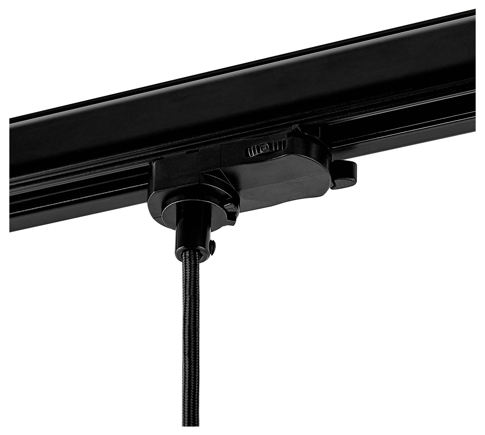 Plafonnier sur rail noir avec support orientable et cordon d'alimentation suspendu, sur fond blanc.