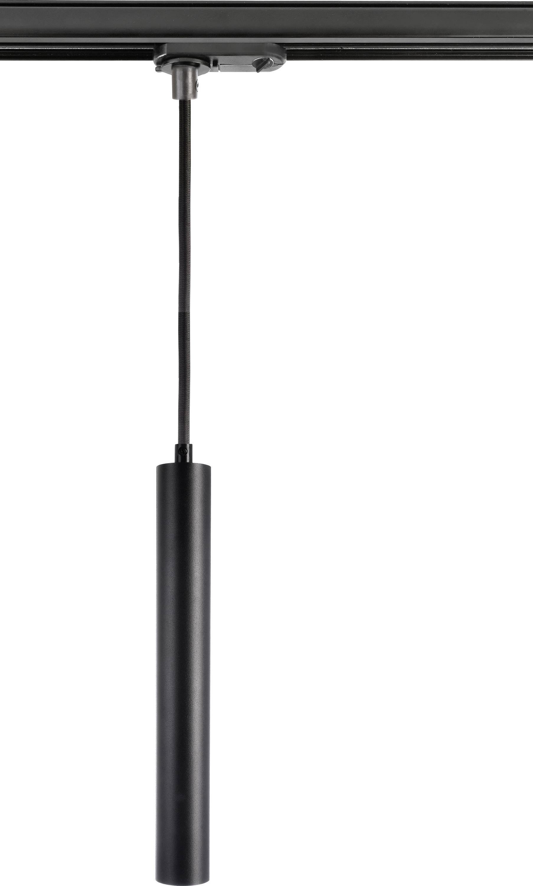 Un luminaire noir et allongé est suspendu à un câble. Le luminaire est de forme cylindrique et au design épuré.