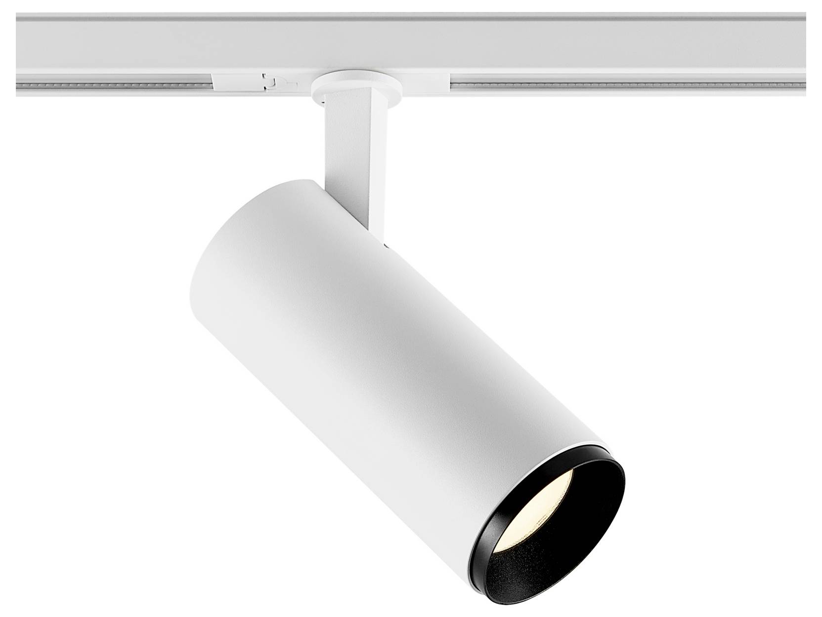 Spot cylindrique blanc sur rail de plafond, orienté vers le bas, avec une lentille cerclée de noir.