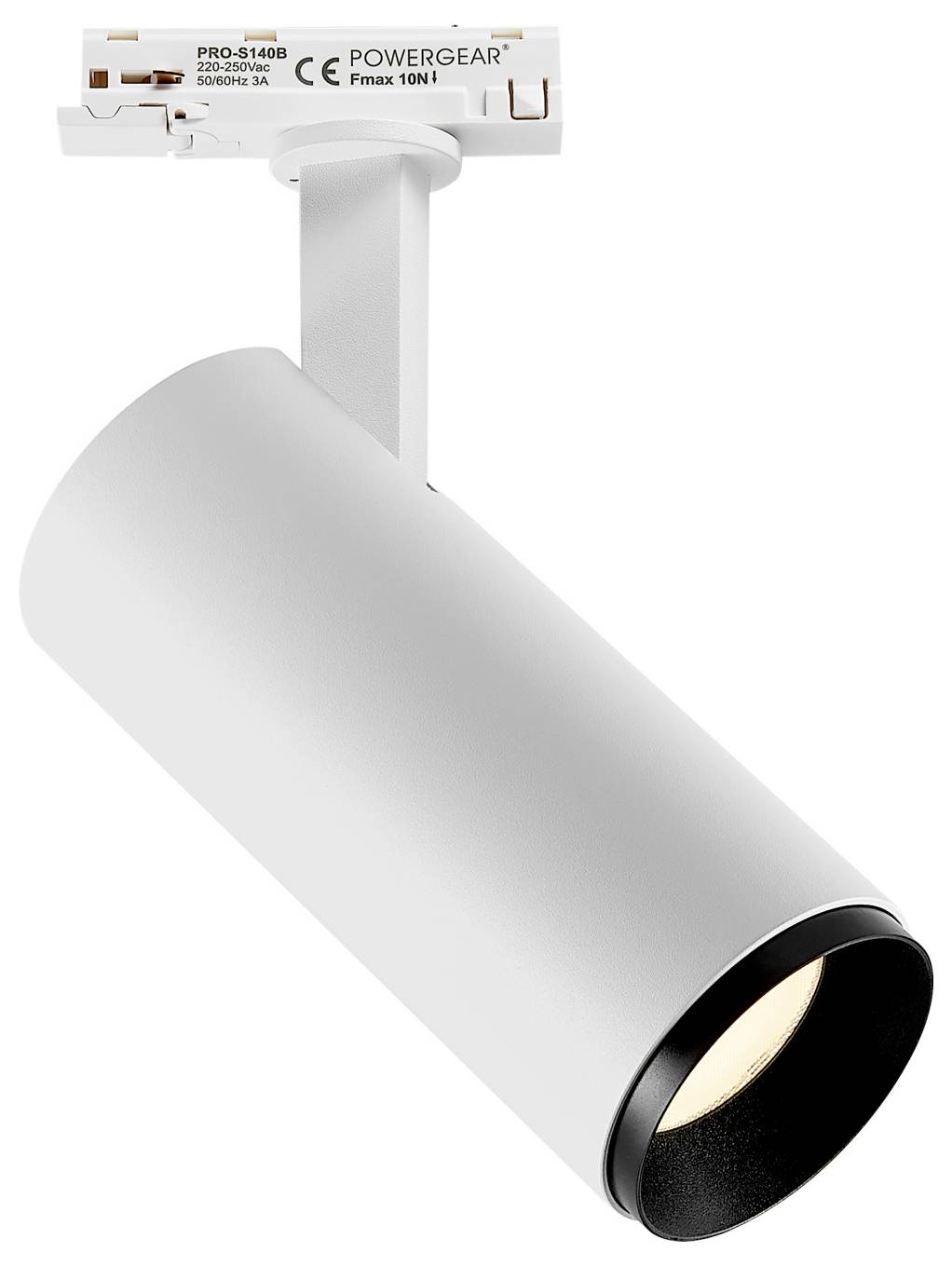 Spot sur rail blanc à tête cylindrique orientable, présenté monté sur un rail de plafond.