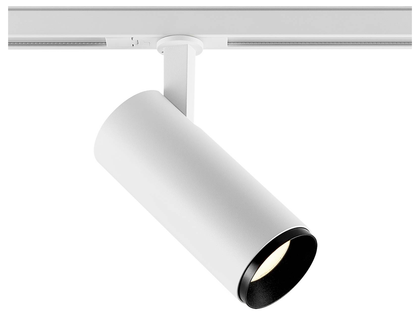 Projecteur blanc sur rail de plafond, orienté vers le bas, avec une lentille cerclée de noir.