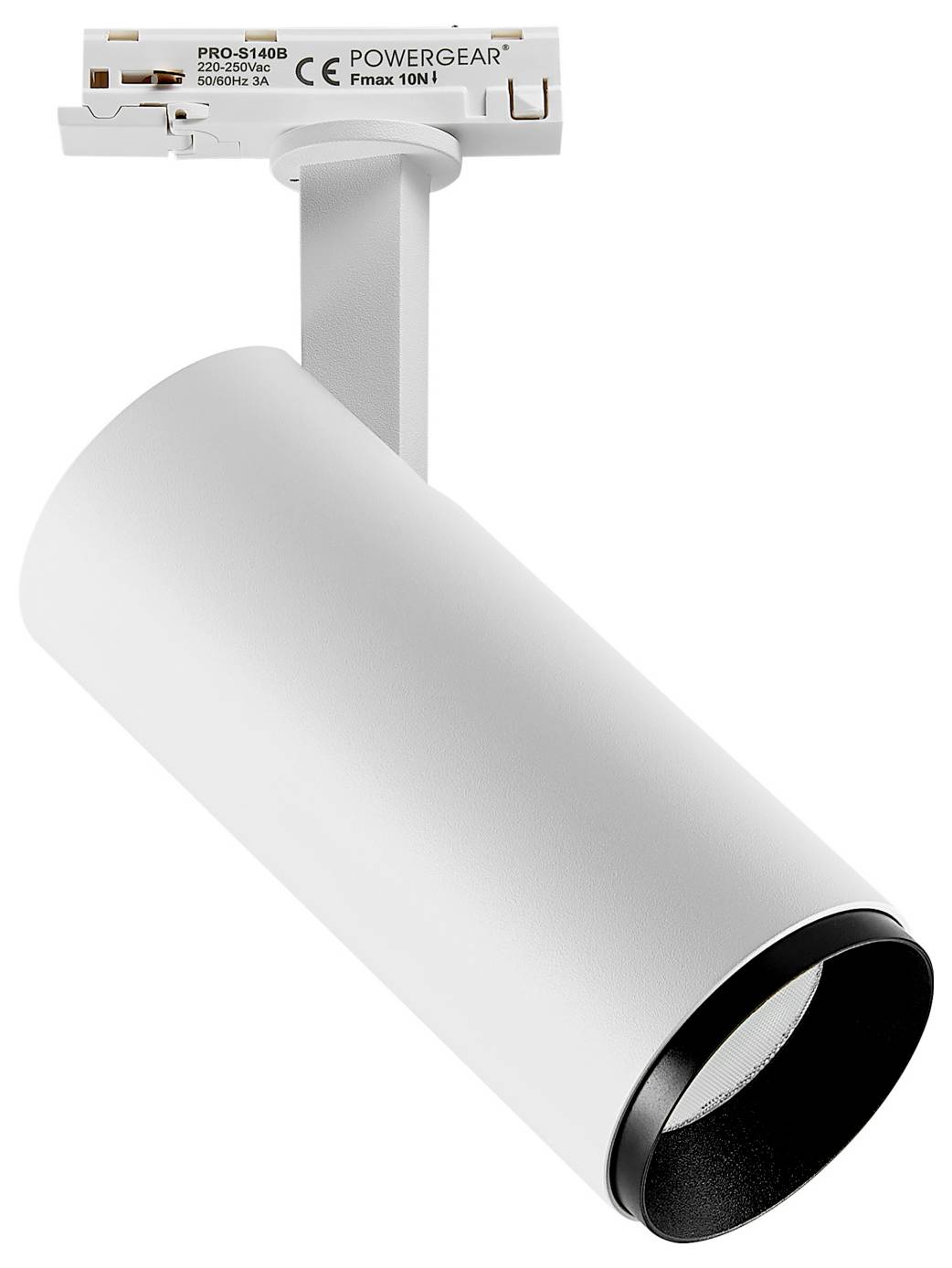 Spot cylindrique blanc monté sur un rail au plafond, orienté vers le bas.