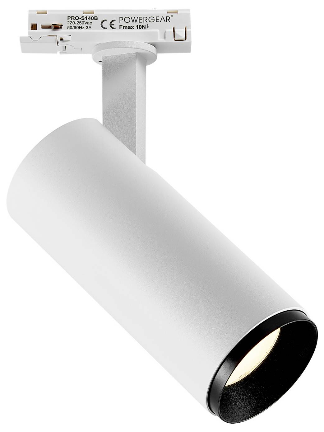 Spot cylindrique blanc sur rail avec finition noire, fixé à un rail de plafond et orienté vers le bas.