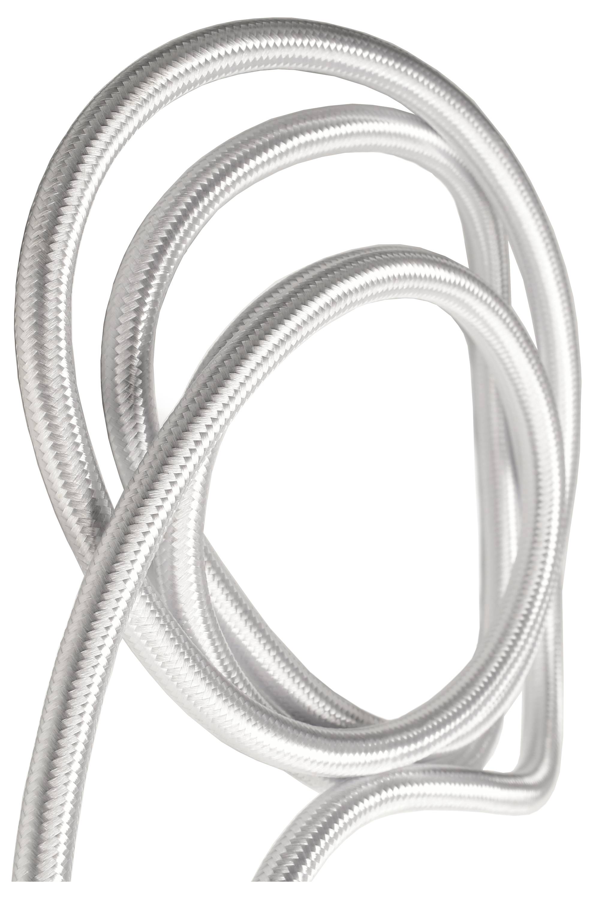 Un tuyau en maille métallique argenté, flexible et ondulant, représenté en plusieurs boucles.