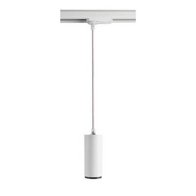 Suspension blanche cylindrique, suspendue au plafond, au design épuré et dotée d'un câble fin.