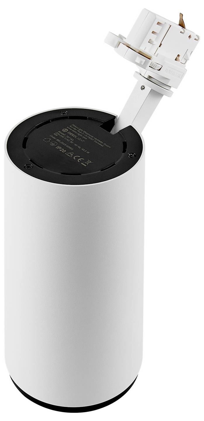 Un plafonnier cylindrique avec une tête de spot orientable blanche fixée au-dessus, sur un fond uni.