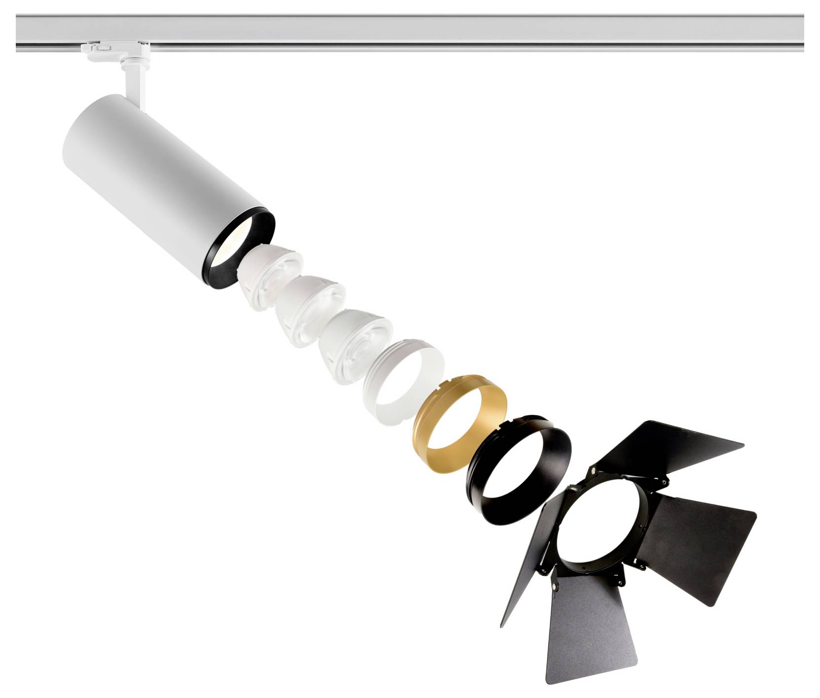Vue éclatée d'un luminaire sur rail, montrant un spot cylindrique et ses pièces séparées : lentille, anneaux et volets sur un rail de plafond.