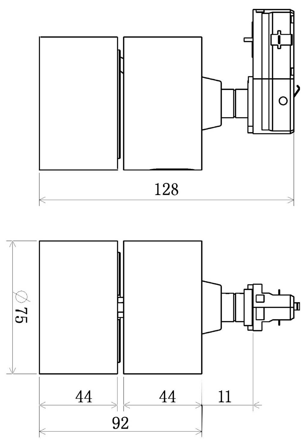 Dessin technique d'un composant cylindrique avec deux vues latérales, indiquant une longueur totale de 128 mm, un diamètre de 75 mm et des longueurs de sections de 44, 44 et 11 mm.