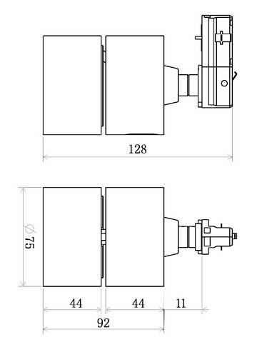 Dessin technique d'une vanne avec dimensions techniques en millimètres. Vue principale montrant une largeur de 128 mm, vue latérale montrant une hauteur de 75 mm.