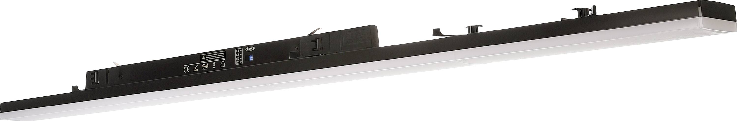 Lampe LED rectangulaire en noir et blanc. Des composants électroniques sont situés en haut. Adaptée aux espaces de bureaux ou résidentiels.