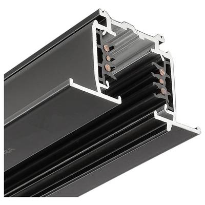 Gros plan d'un profilé en aluminium noir avec quatre fils de cuivre intégrés. Principalement utilisé pour les rails lumineux ou les chemins de câbles.