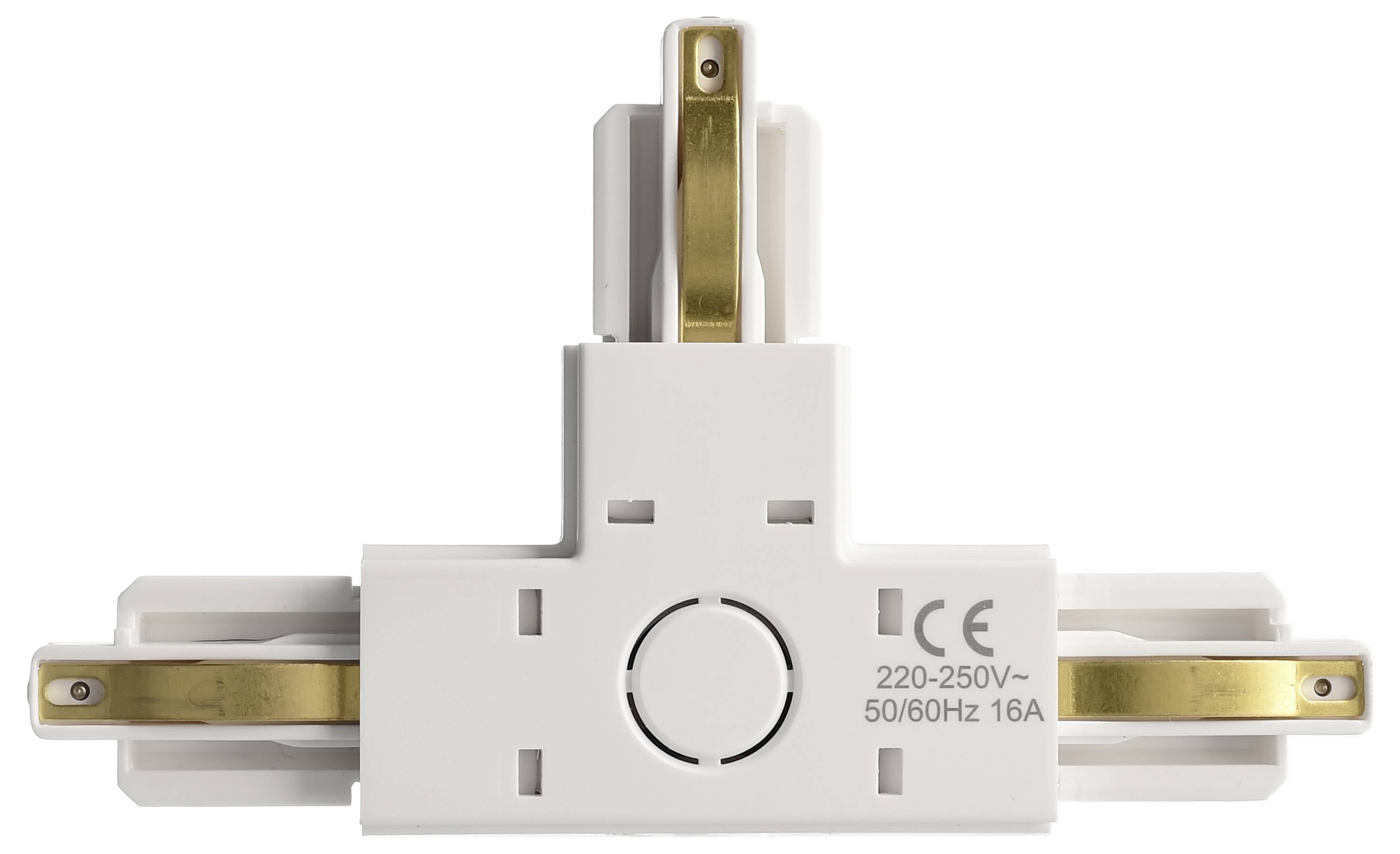Un connecteur de rail L triphasé blanc avec des conducteurs de couleur or. Adapté pour 220-250V, 50/60Hz, 16A. Marquage CE visible.
