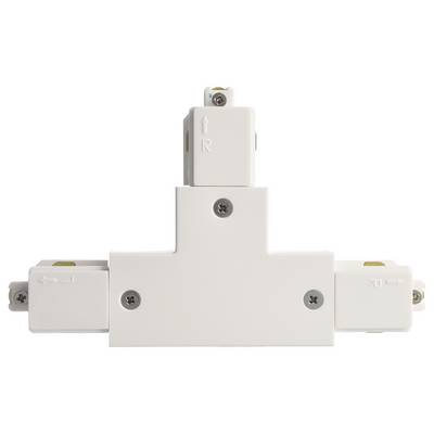 Un connecteur électrique blanc en forme de T avec des vis sur les connexions, couramment utilisé pour l'éclairage de systèmes de rails.