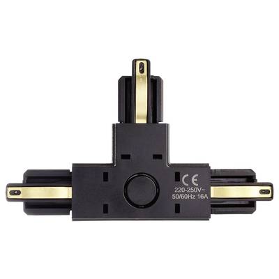 Un connecteur électrique noir en forme de T avec des contacts dorés et l'inscription '220-250V 50/60Hz 16A CE'.