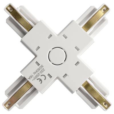 Connecteur de croisement pour un système de rails conducteurs triphasé, blanc, avec quatre dérivations, chacune marquée de flèches directionnelles.