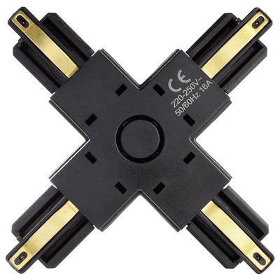 Connecteur de croix noir pour systèmes de rails avec contacts dorés et spécifications techniques sur la face supérieure.